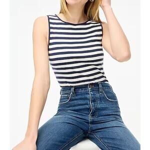 J.Crew Striped Shell Tank Top WMNS 2X White Navy Contrast Trim Slim Cotton Knit